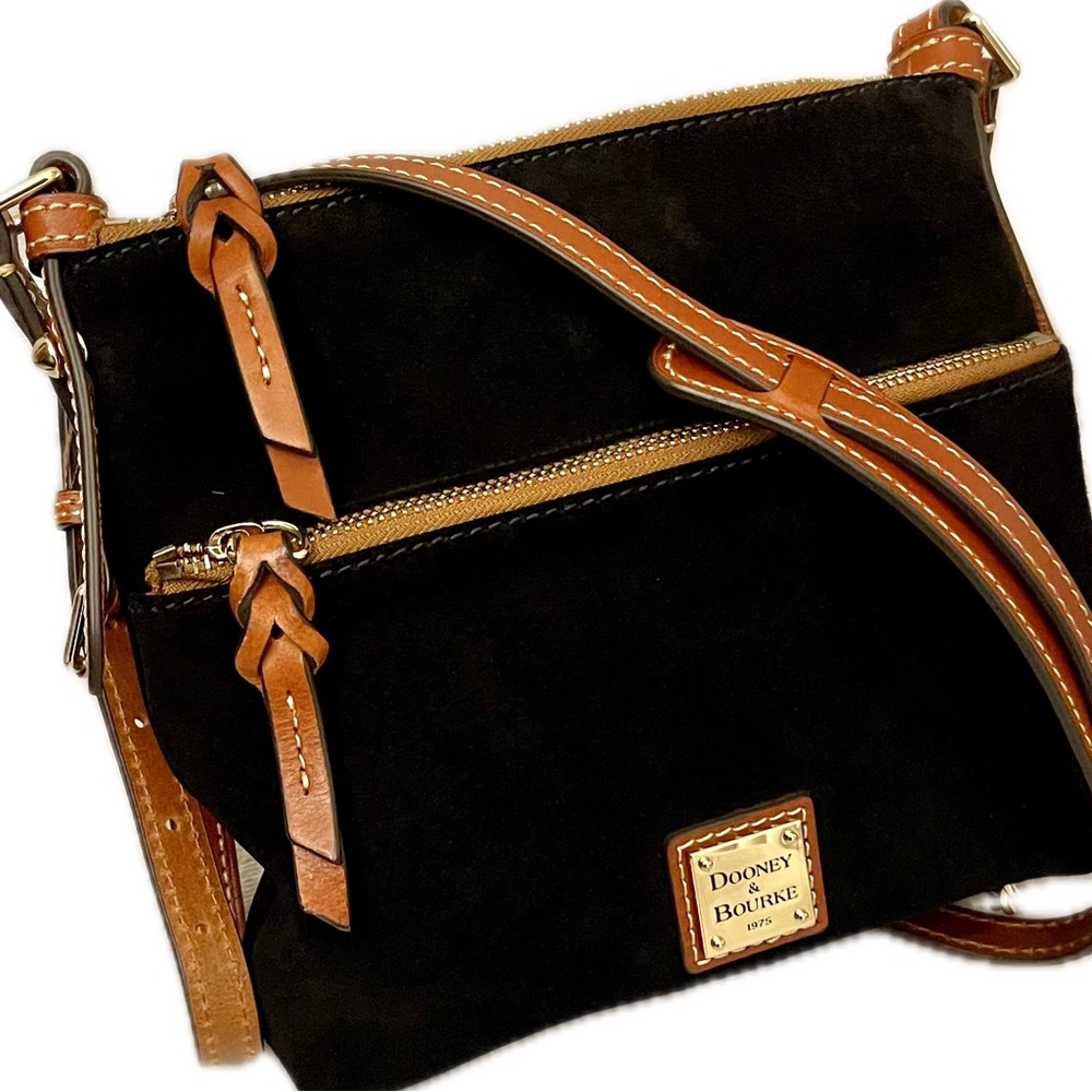 Dooney & Bourke Black Italian Suede & Vachetta Leather Zip Crossbody Bag